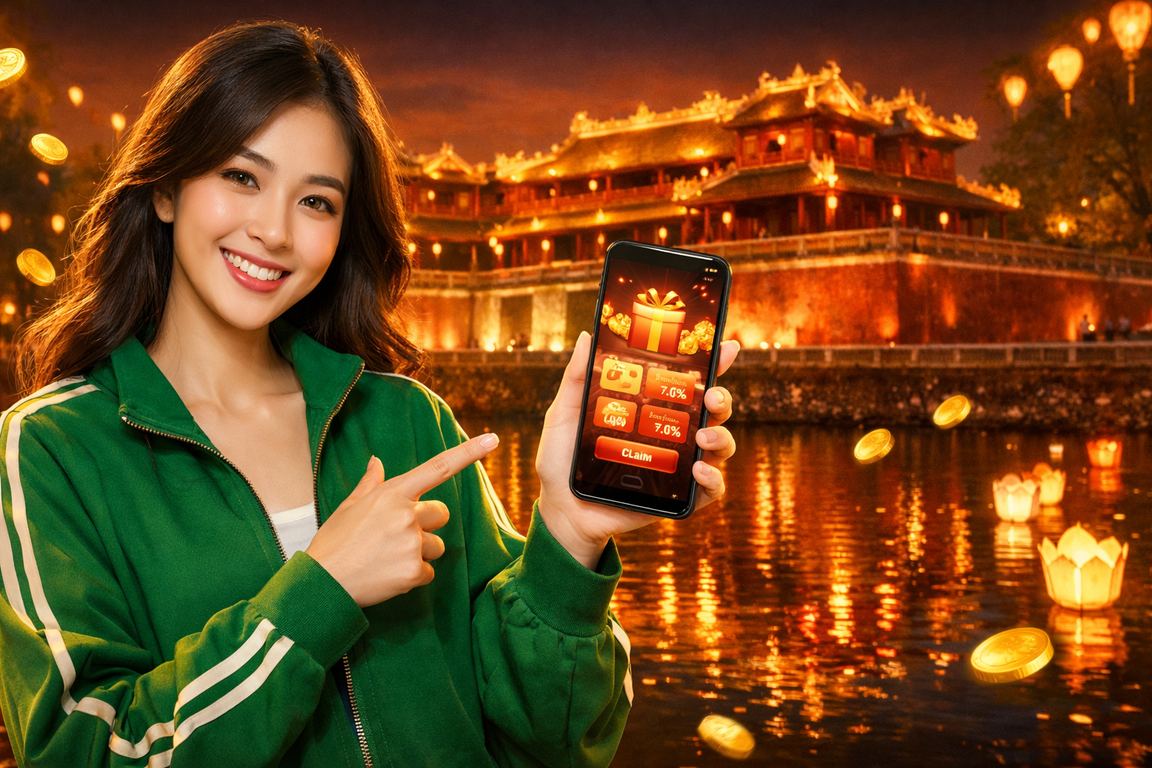 Cảnh chợ đêm tại Huế với người chơi sử dụng thiết bị di động